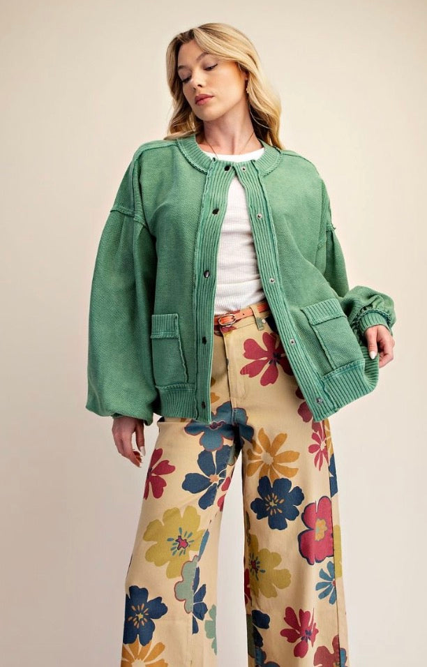 EASEL ET28751 GREEN BUTTON DOWN WASHED TERRY JACKET