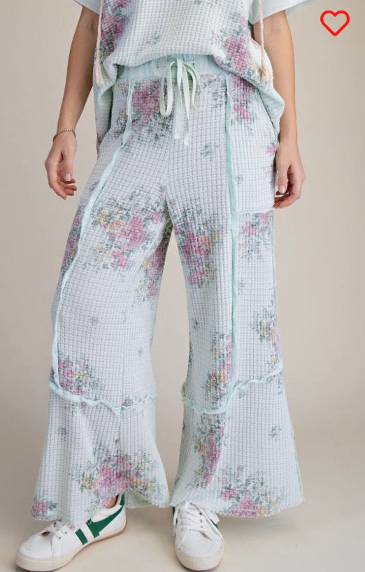 EB90221-Mint Floral Print Mineral Washed Waffle Knit Pants