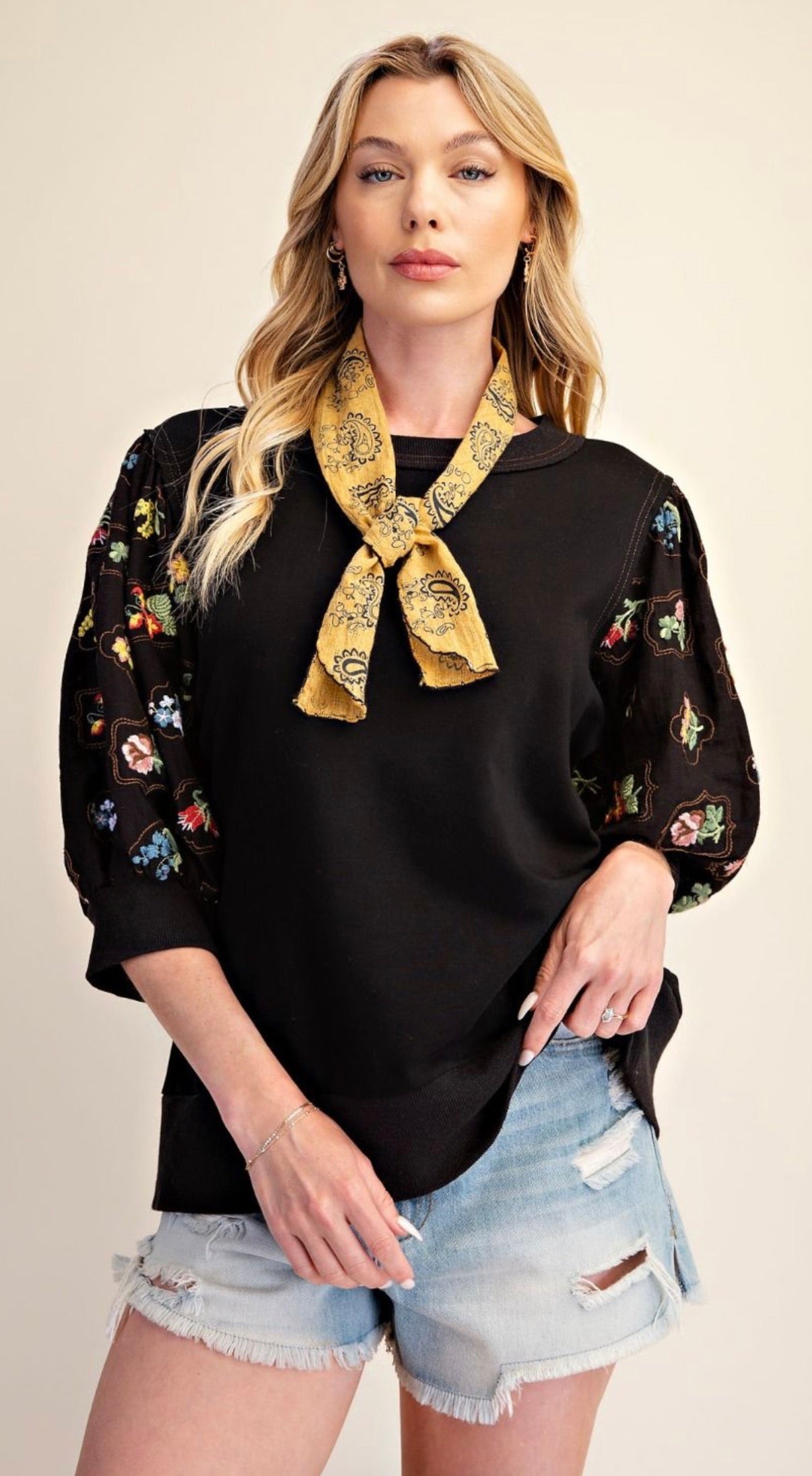 EASEL ET30355 BLACK ELBOW SLVS TERRY KNIT TOP