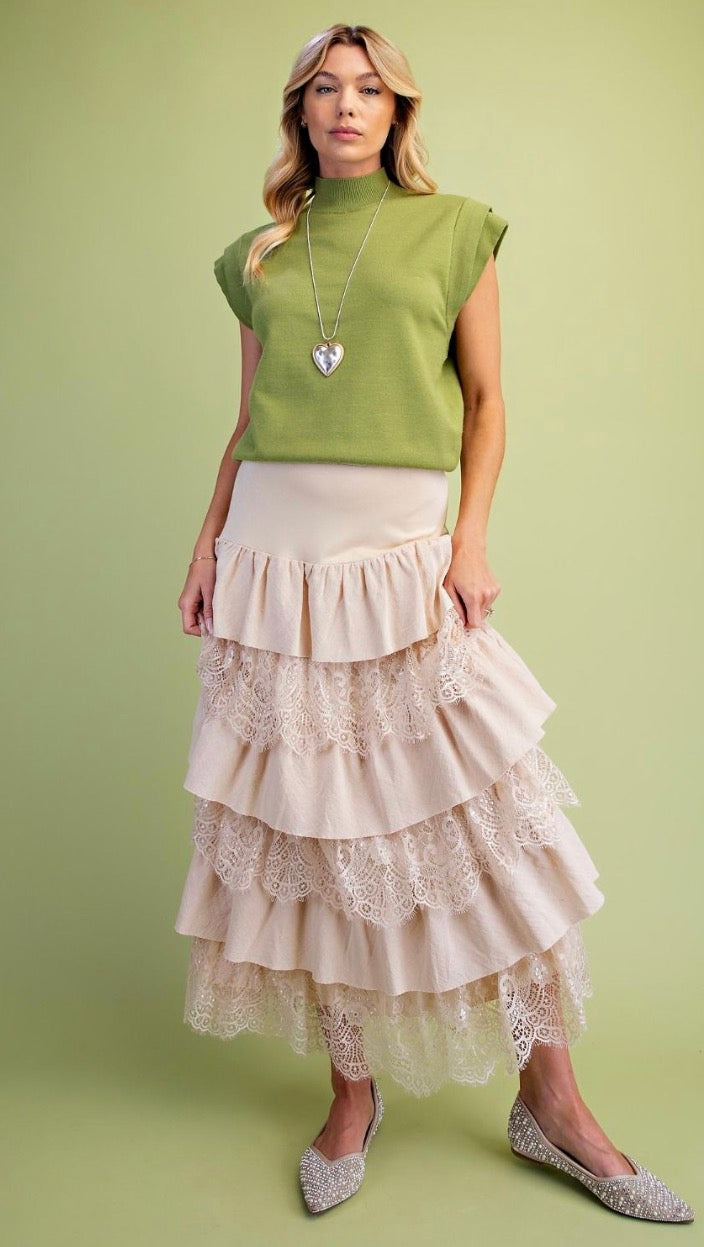 Easel SB400008 NATURAL LACE TIERED MAXI WOVEN SKIRT