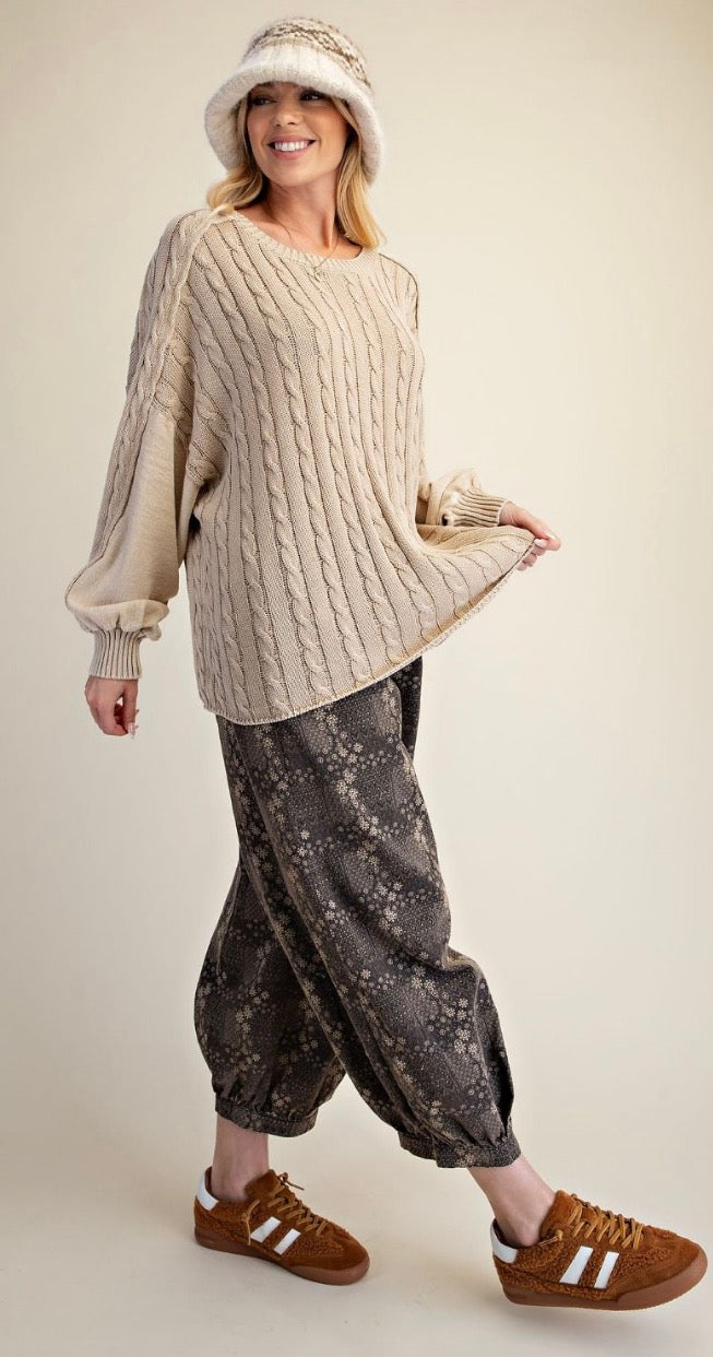 EASEL ET72140 KHAKI WASHED CABLE KNITTED SWEATER