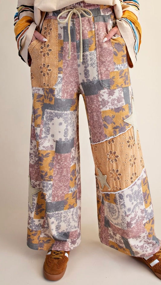 Easel EB58345 PATCH PRINT FLORAL WASHED TERRY KNIT PANTS