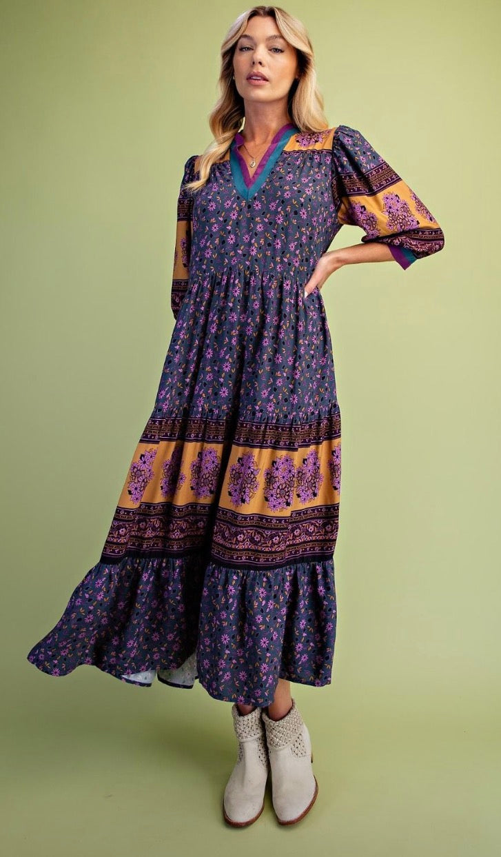 Easel SD300107 FADED TEAL PRINTED RAYON POPLIN WOVEN DRESS