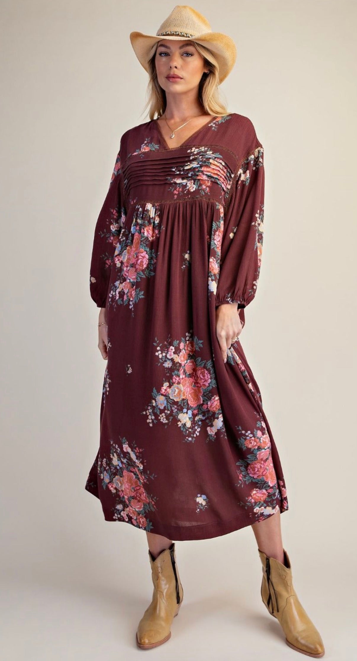 EASEL ED30167 BROWN FLORAL PRINTED RAYON GAUZE DRESS