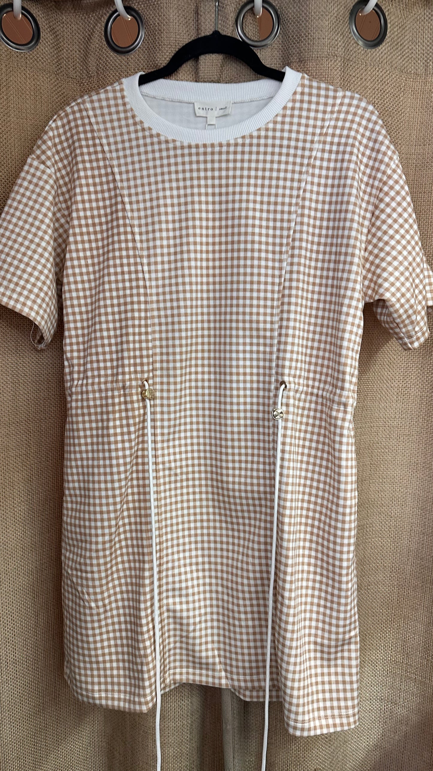 Entro D31043 Gingham Tie Dress Tan