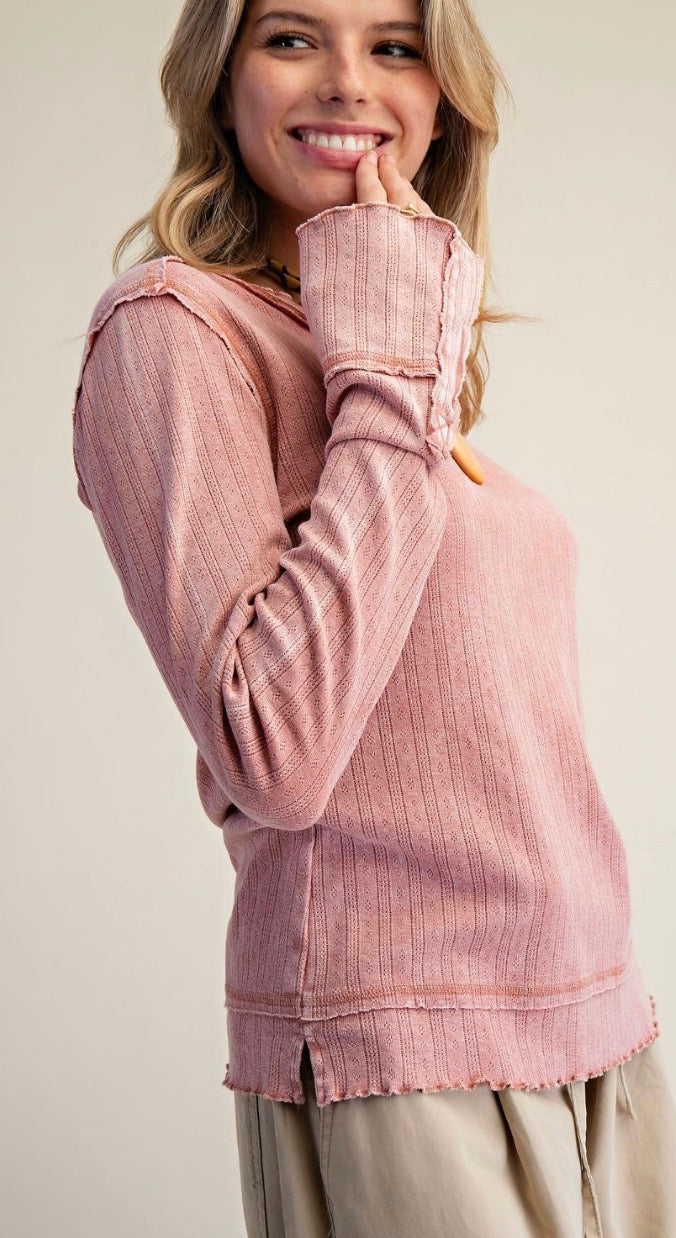 EASEL ET29605 Antique Rose LS Textured Knit Fitted Top