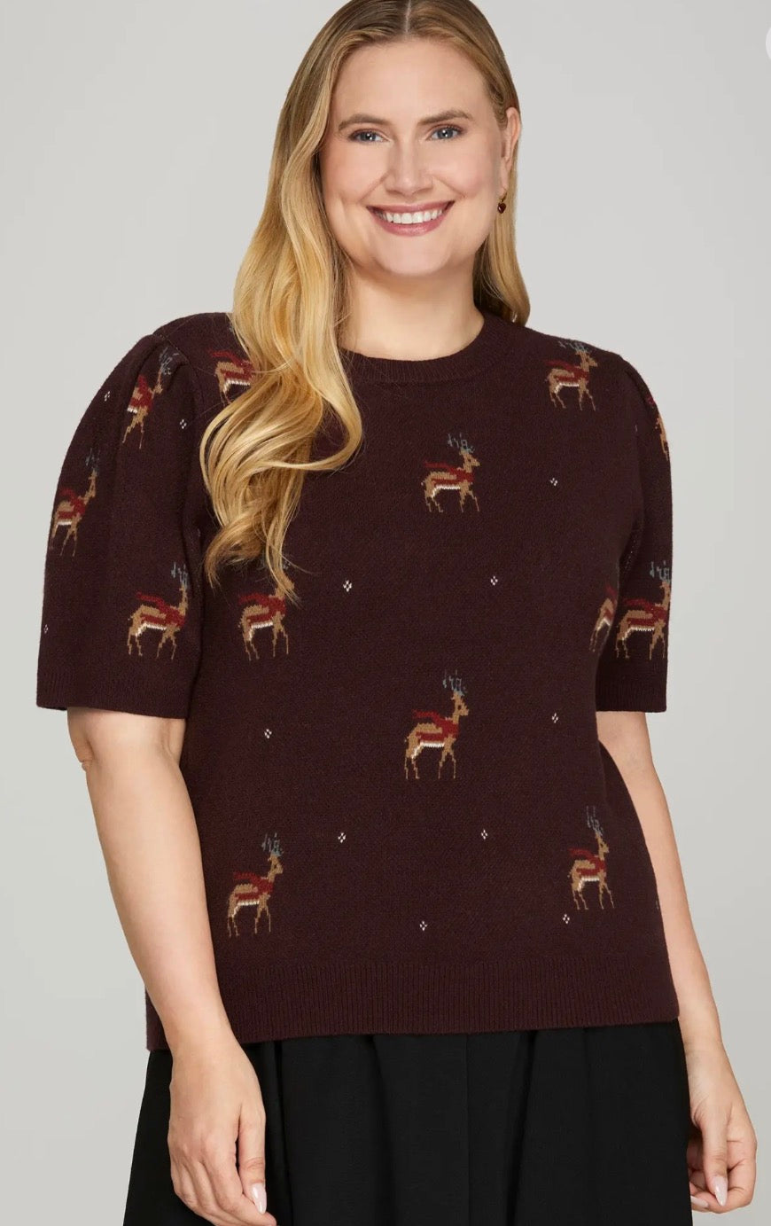 SHE + SKY Wine SHORT PUFF SLEEVE REINDEER PATTERN SWEATER TOP SY8922