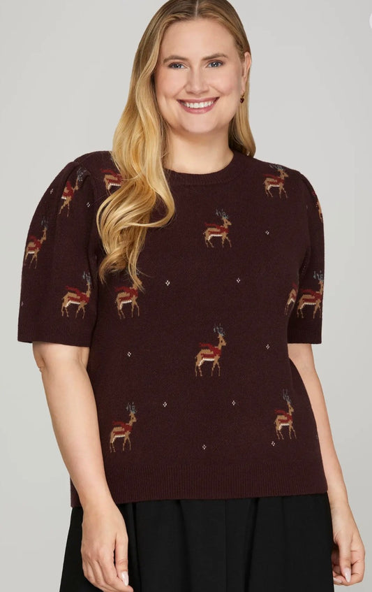 SHE + SKY Wine SHORT PUFF SLEEVE REINDEER PATTERN SWEATER TOP SY8922