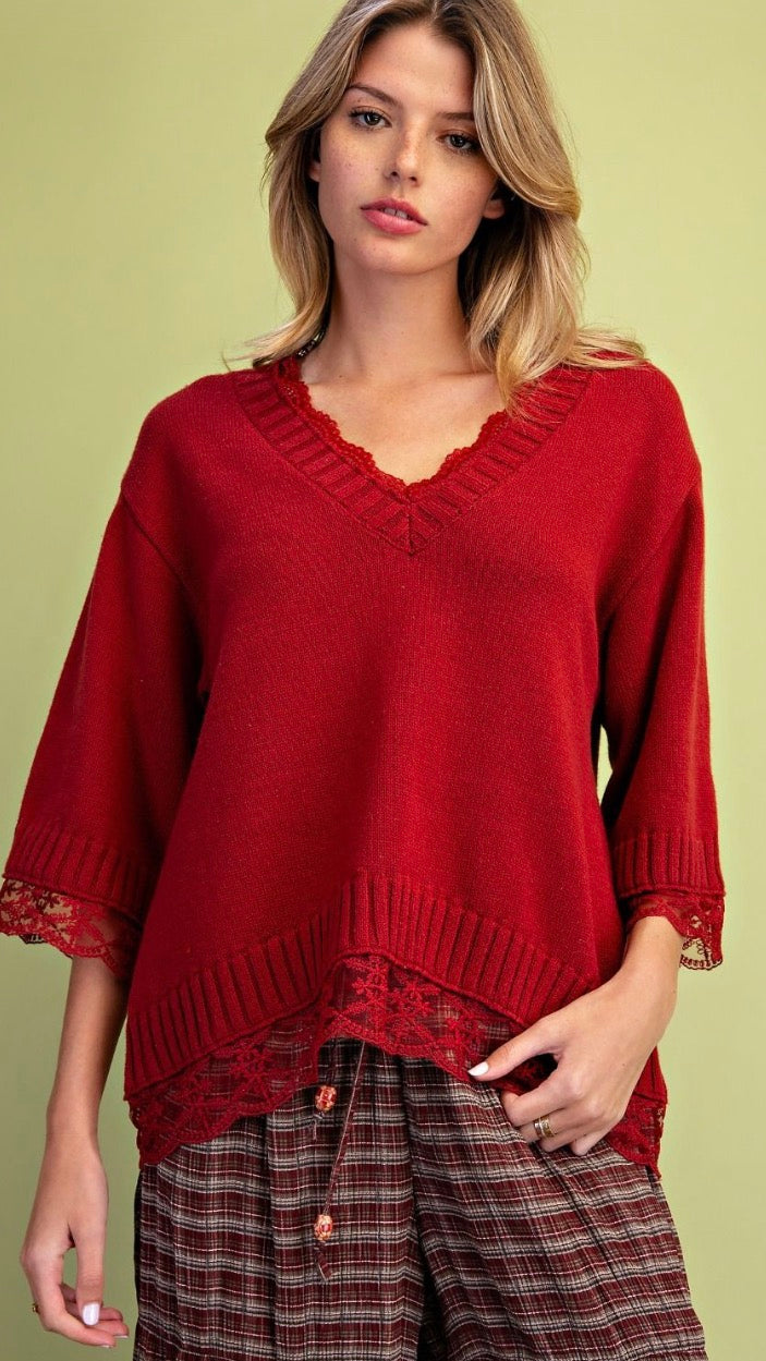 Easel ST200062 BURGUNDY SHORT SLEEVE LACE INSET V-NECK SWEATER