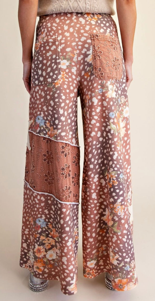 Easel EB58345 BAMBI DEER PRINT FLORAL WASHED TERRY KNIT PANTS