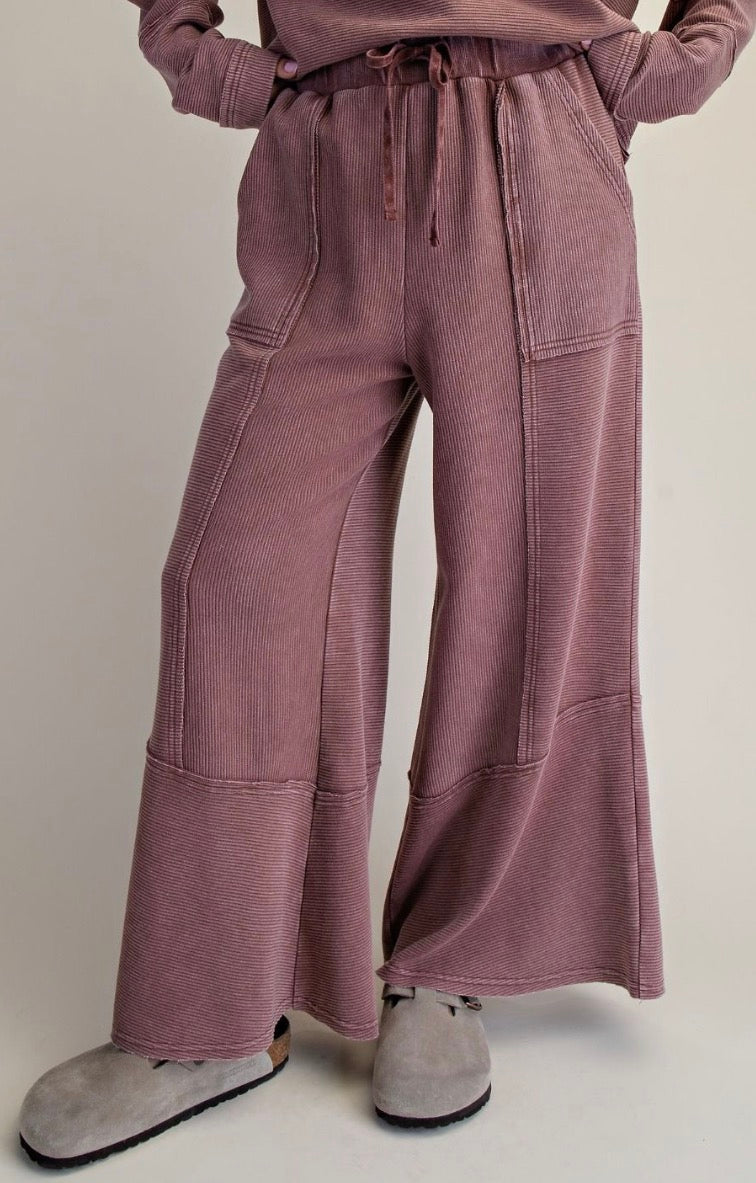 Easel EB90145 Hot Chocolate TEXTURED MINEREAL WASHED BELLBOTTOM PANTS