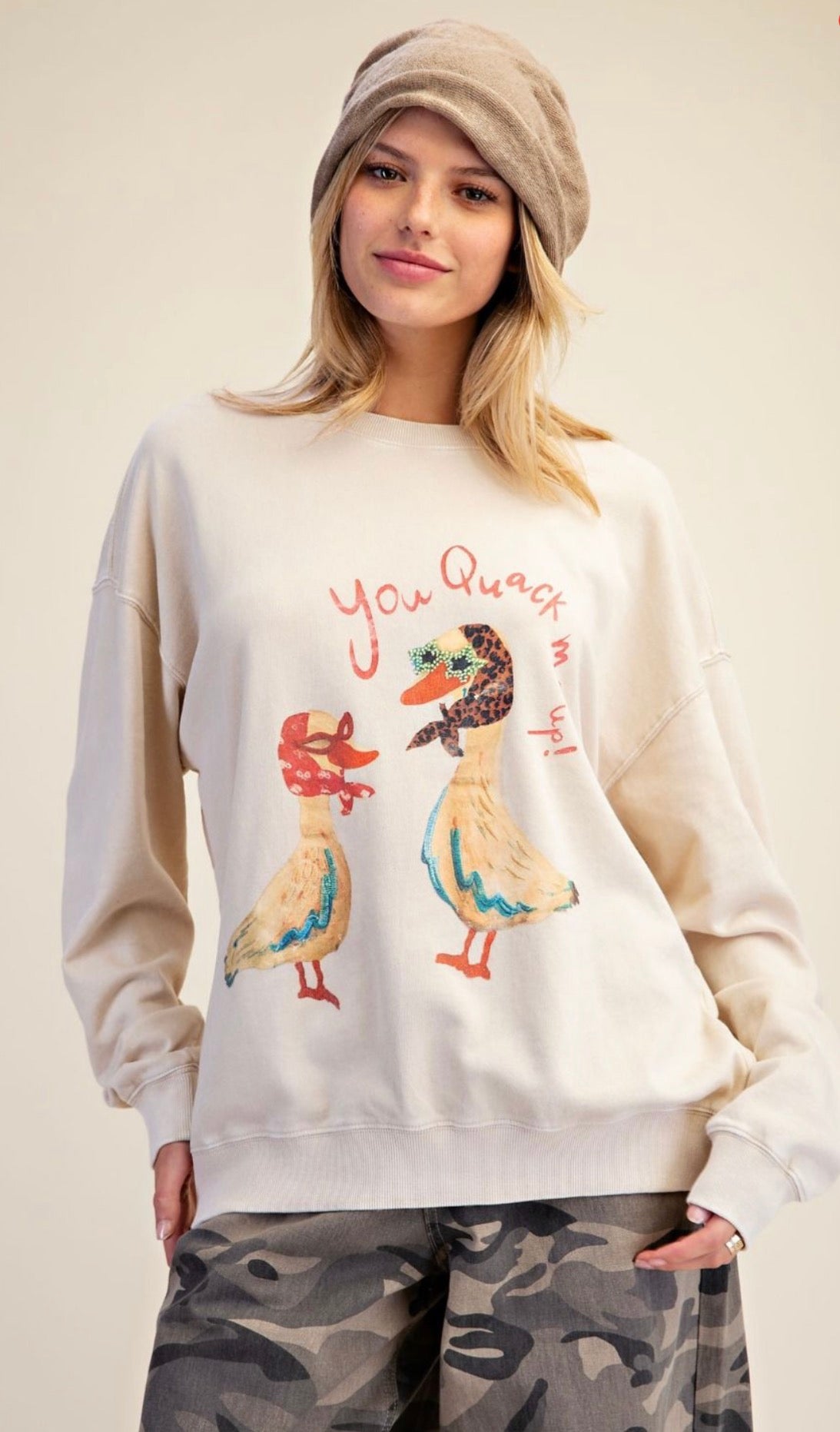 Easel ET30426 ECRU GRAPHIC FRONT WASHED TERRY PULLOVER