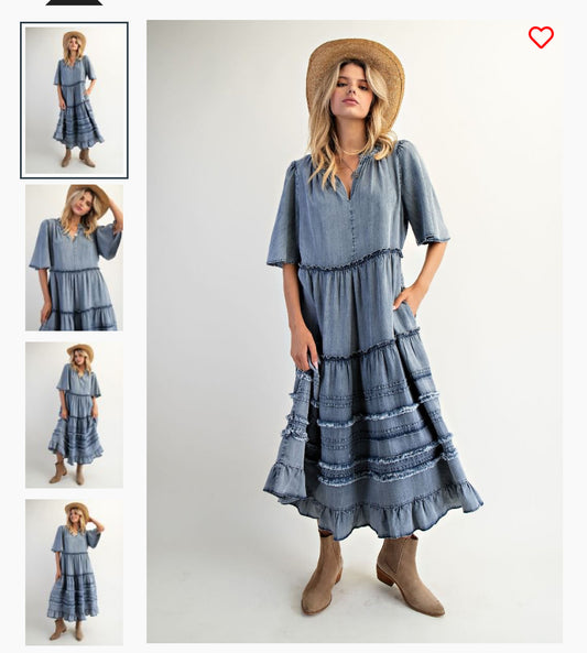 Easel-ED28002-Wing Slvs Ruffle Fray Detail-Washed Denim