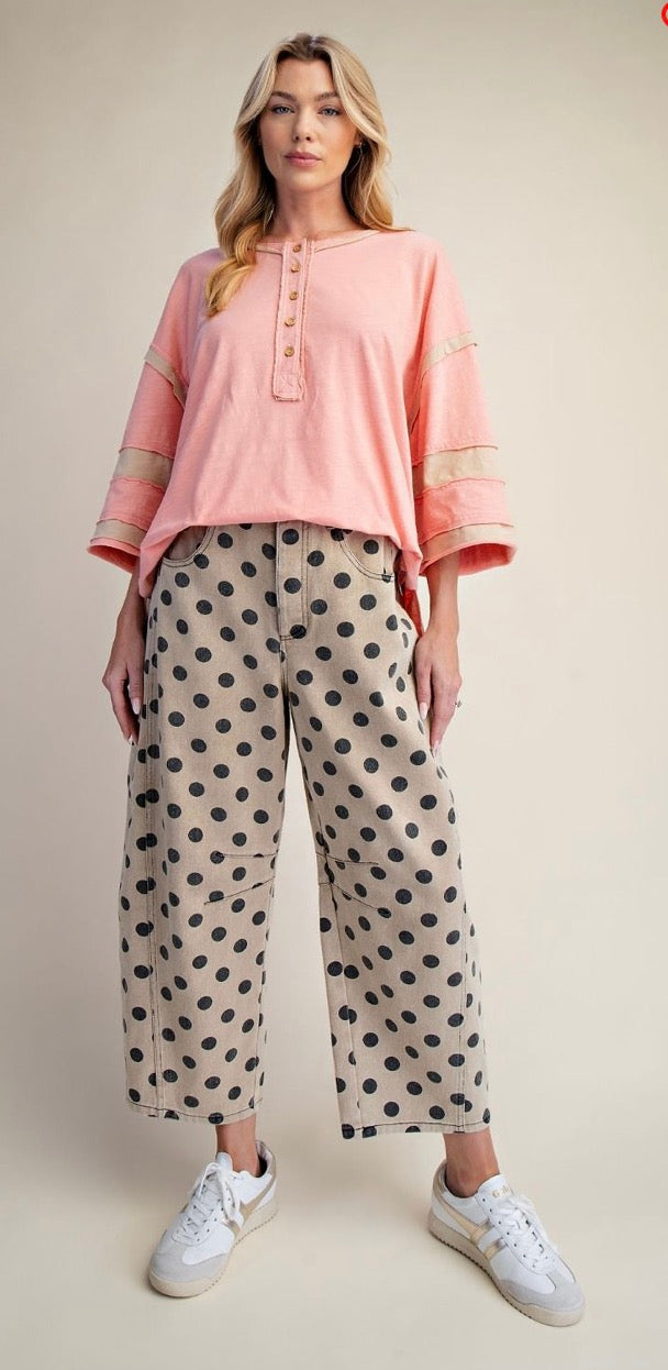 EASEL EB58167 KHAKI DOTS PRINT WASHED TWILL BARREL PANTS