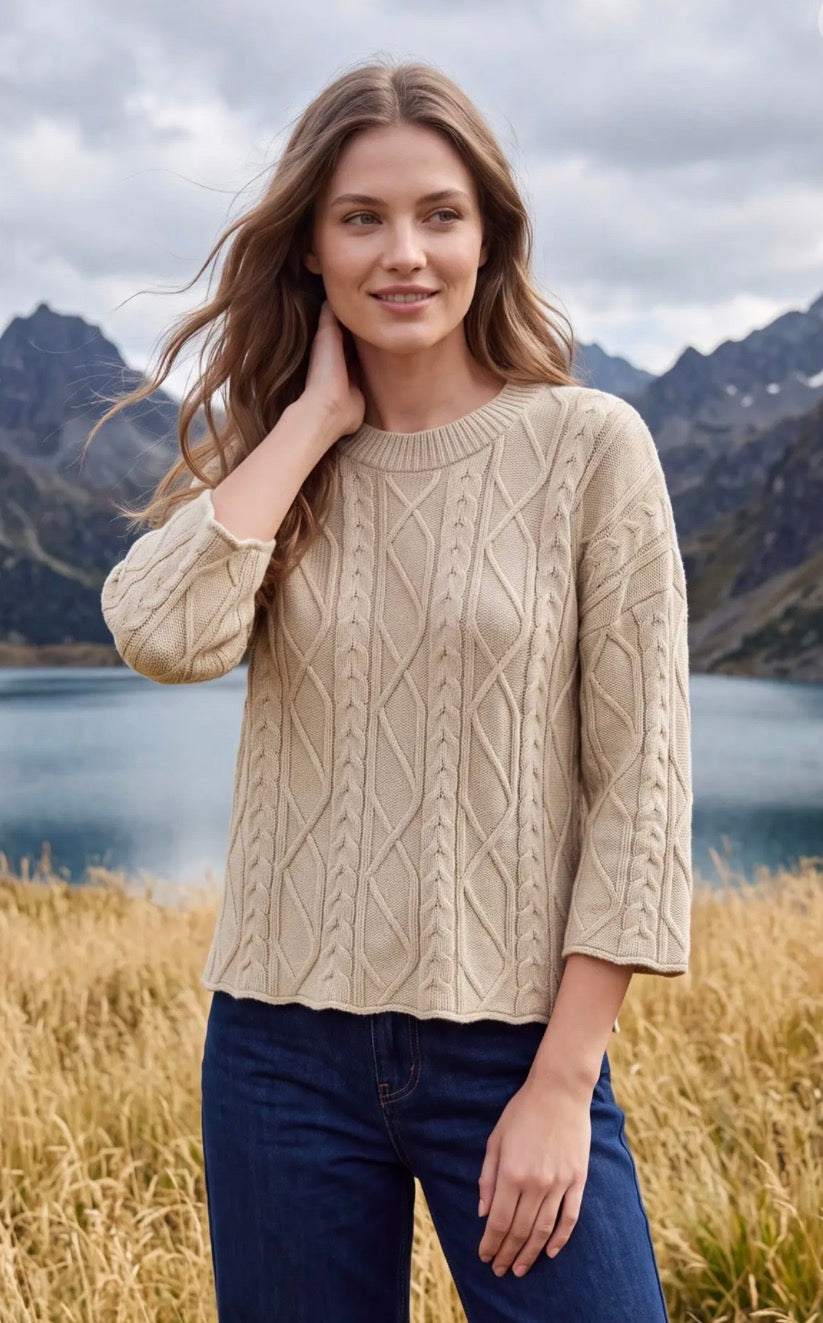 She + Sky Taupe 3/4 SLEEVE CABLE SWEATER TOP ST2223
