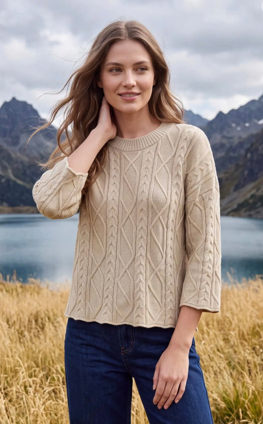 She + Sky Taupe 3/4 SLEEVE CABLE SWEATER TOP ST2223