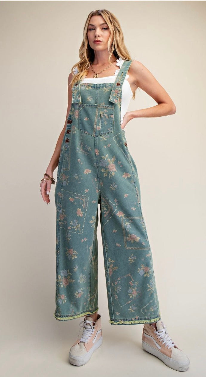 EASEL EB90237D LT DENIM PRINTED WASHED TWILL OVERALL PANTS