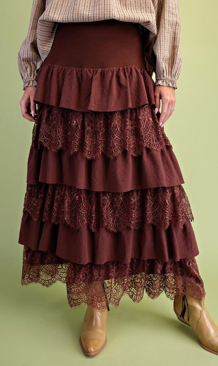 Easel SB400008 MOCHA LACE TIERED MAXI WOVEN SKIRT