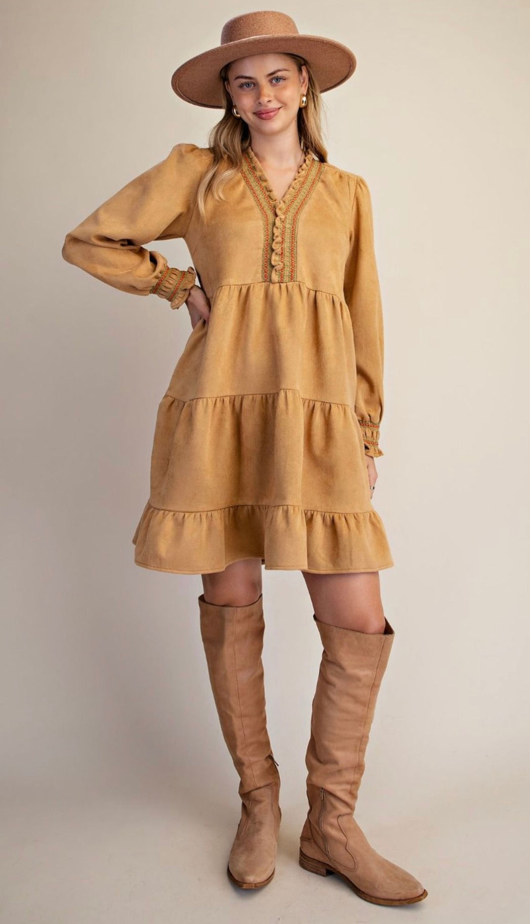 EASEL ED30170 CAMEL TIERED FAUX SUEDE DRESS