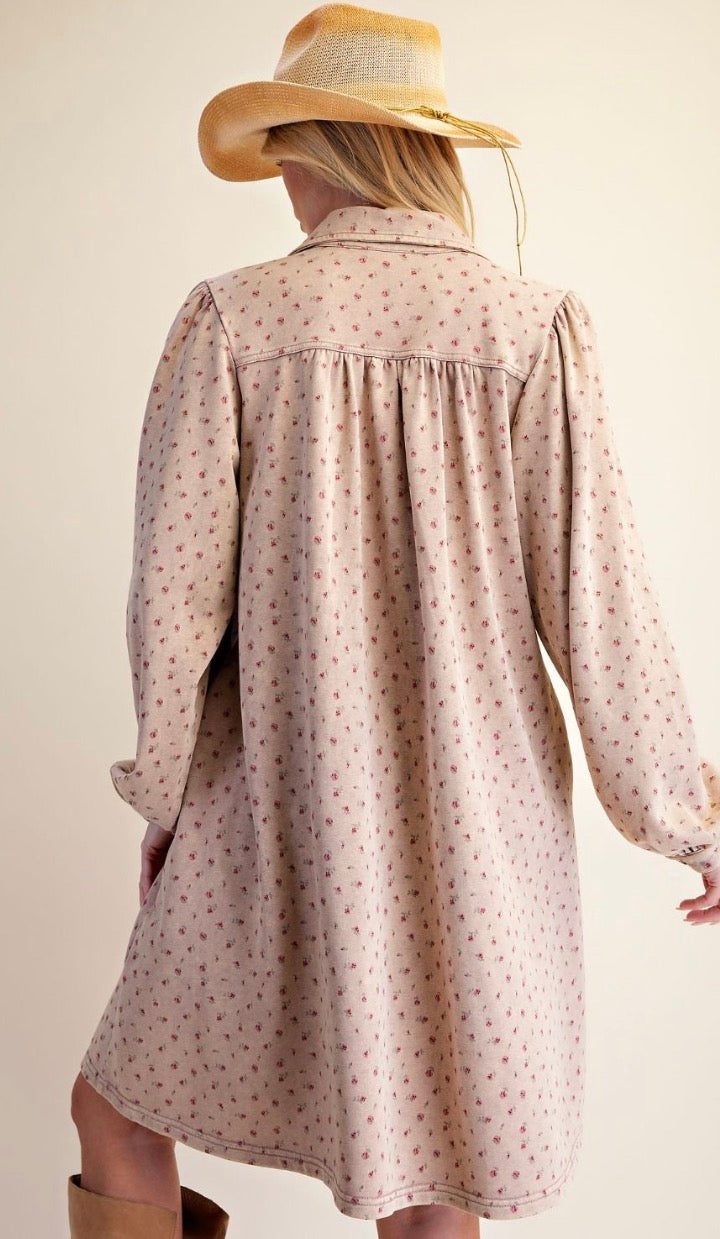Easel ED30111 KHAKI FLORAL PRINTED WASHED TERRY DRESS