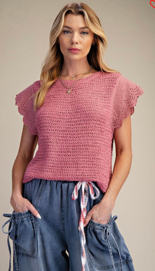 ET 19016 Lipstick Pink Wing Slvs Knitted Sweater