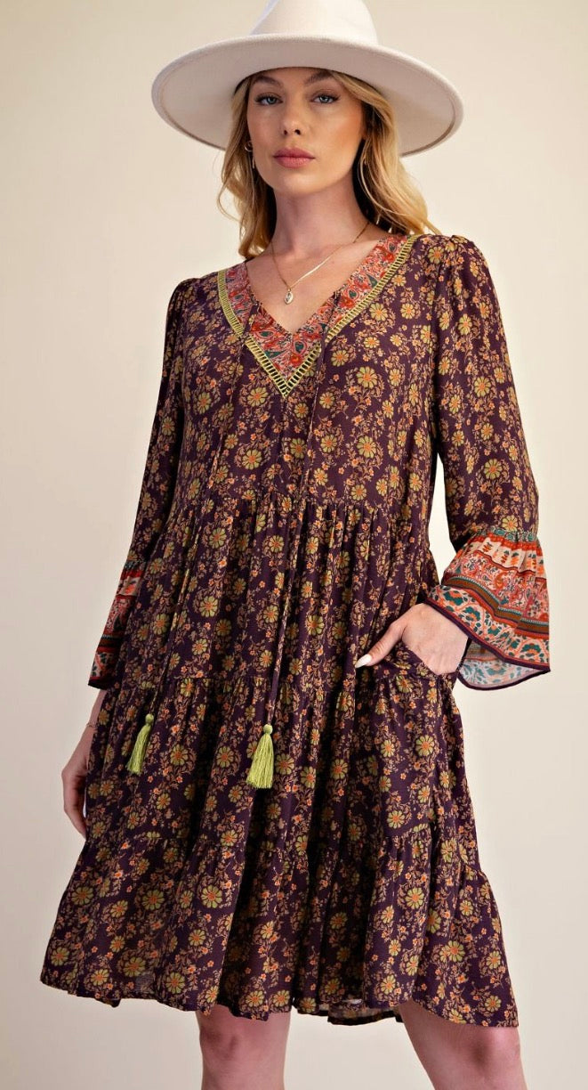 Easel ED30286 Ash FLORAL PRINTED RAYON GAUZE DRESS