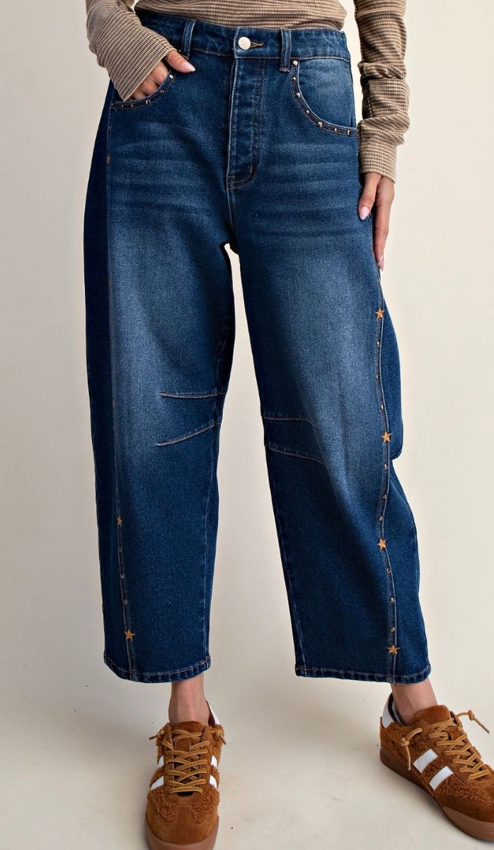Easel EB58061 Denim STUD AND EMBO DETAILING WASHED DENIM PANTS