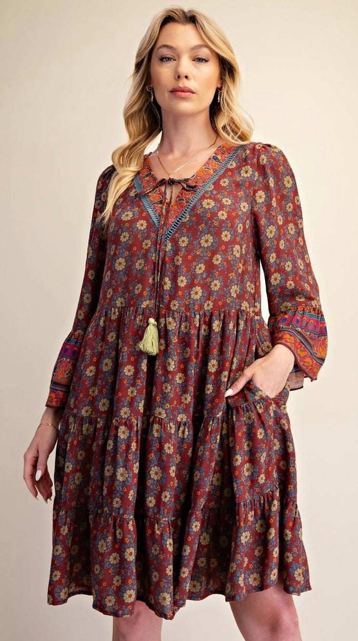 Easel ED30286 Brown FLORAL PRINTED RAYON GAUZE DRESS