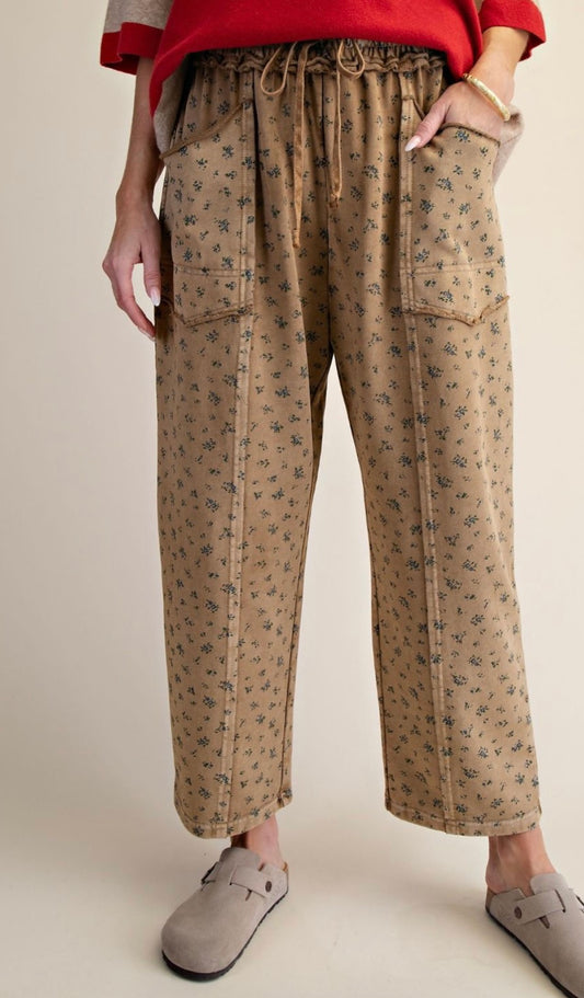 EASEL EB58038 Almond Ditsy Printed Washed Terry Pants