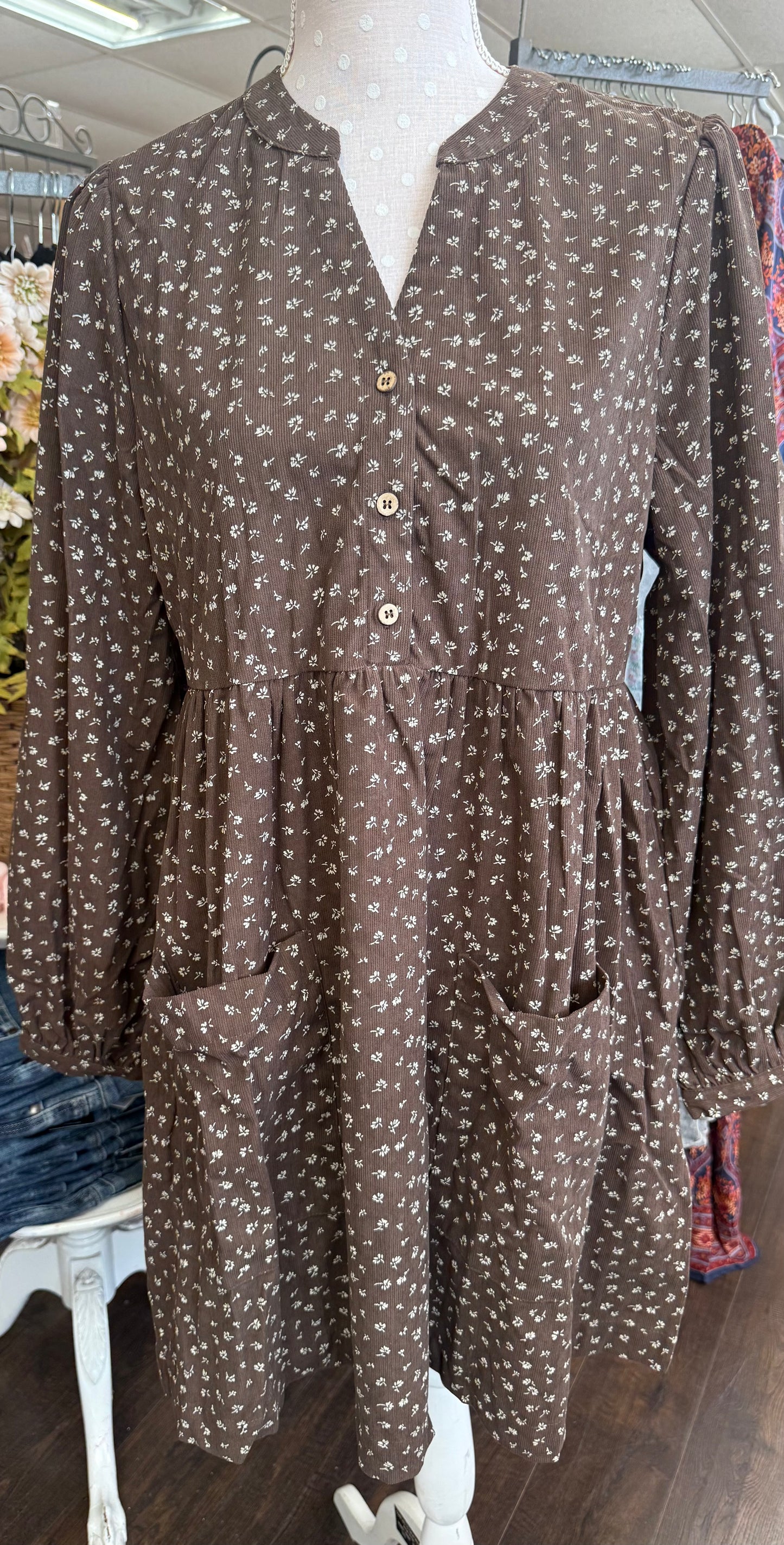 Vine & Love VD83495 Brown Floral Print Corduroy Dress
