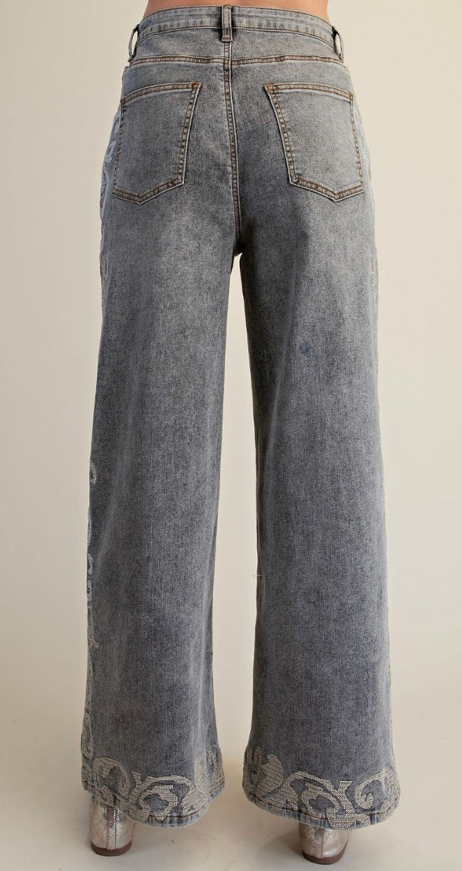 Easel EB41678 ASH DENIM BORDER EMBO DETAILING STONE WASHED DENIM PANTS