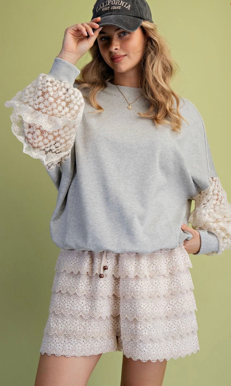 EASEL ST100176 HEATHER GREY LACE SLVS CONTRAST TERRY PULLOVER
