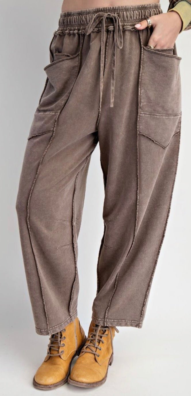 EASEL EB56790 MOCHA MINERAL WASHED TERRY KNIT BARREL PANTS