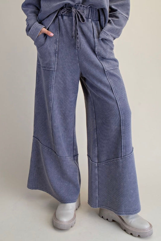 Easel EB90145 Washed Denim TEXTURED MINEREAL WASHED BELLBOTTOM PANTS