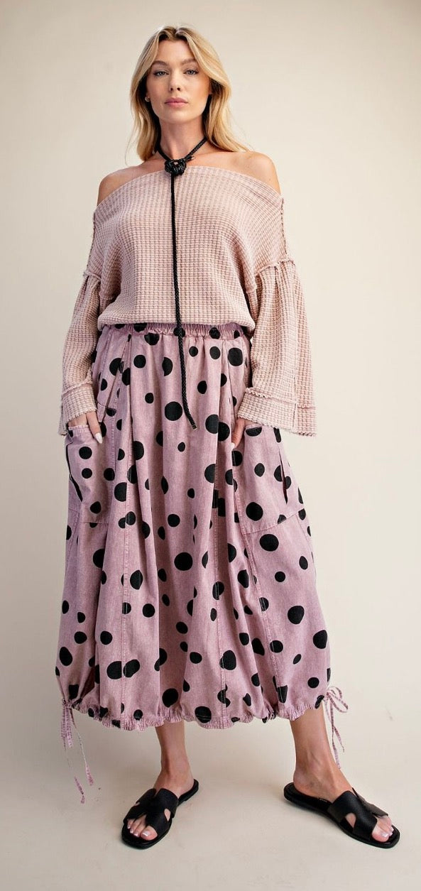 EASEL EB58219 DUSTY ROSE POLKA DOTS PRINT WASHED WOVEN SKIRT