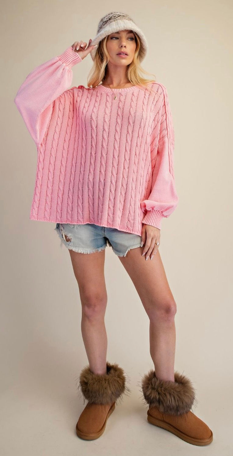 EASEL ET72140 CANDY PINK WASHED CABLE KNITTED SWEATER