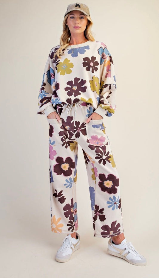 Easel EB58088 KHAKI FLORAL PRINT WASHED TERRY PANTS