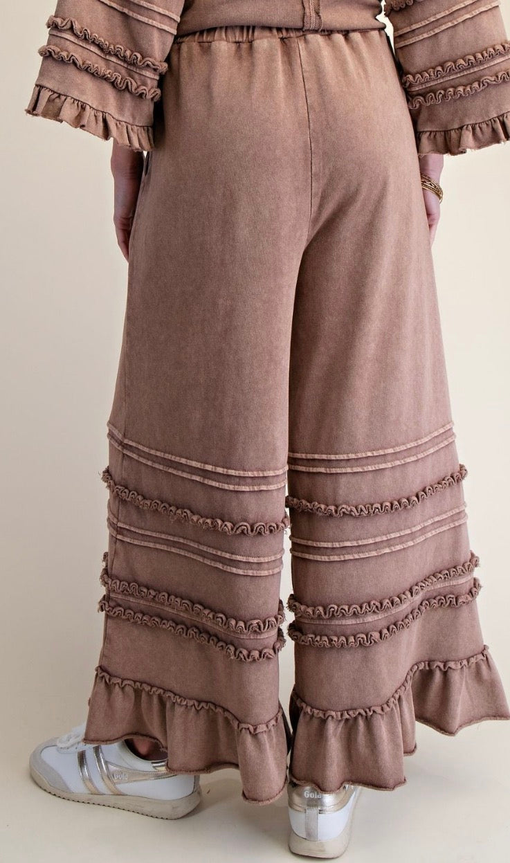 Easel EB90214 MOCHA WASHED TERRY TIERED RUFFLED WIDE LEG PANTS