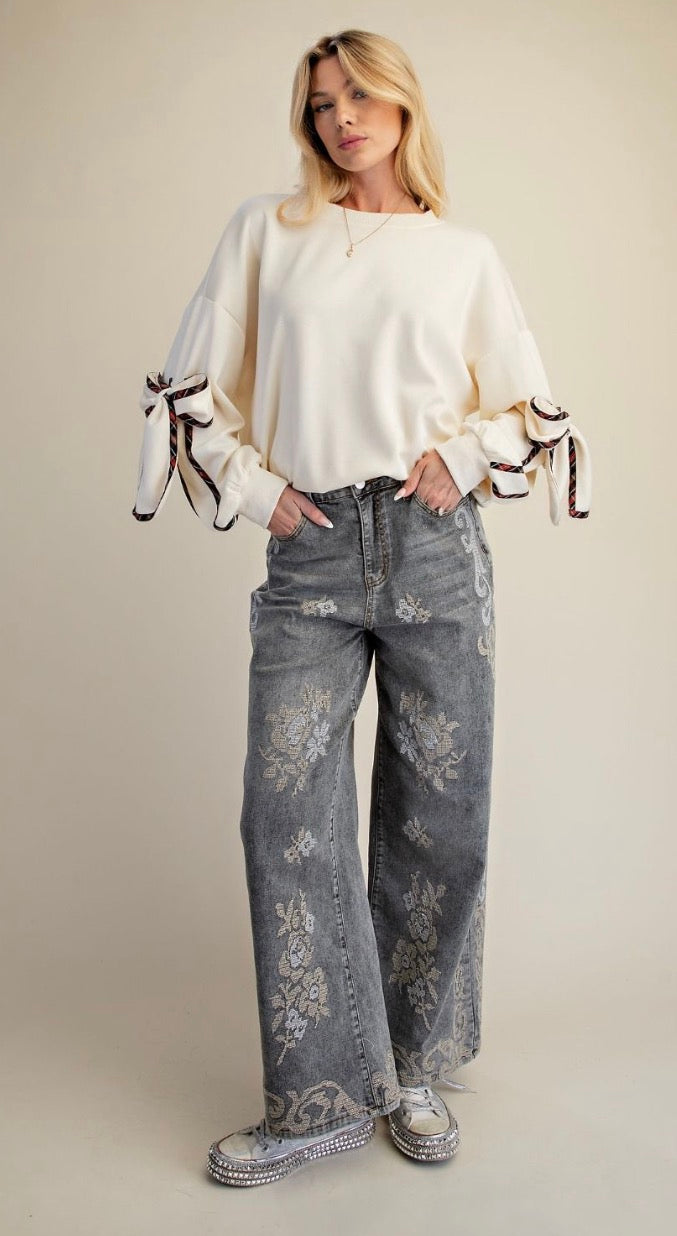 Easel EB41678 ASH DENIM BORDER EMBO DETAILING STONE WASHED DENIM PANTS