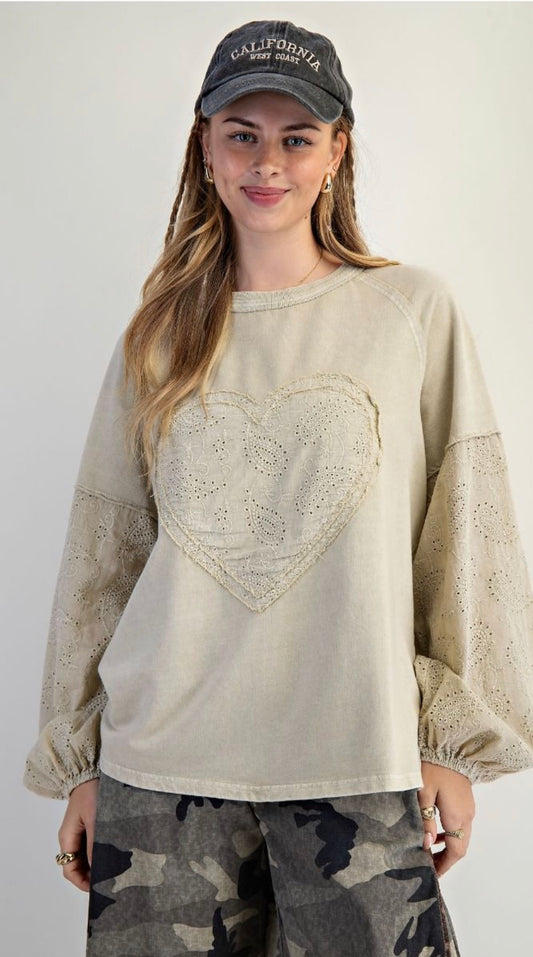 EASEL ET18952 Faded Sage Embo SLVS Inset Terry Knit Pullover