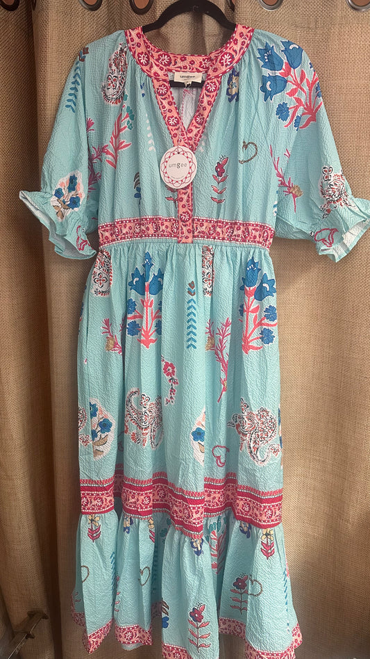 C5766 Floral Collage Print V-neck Mini Dress- Mint Mix