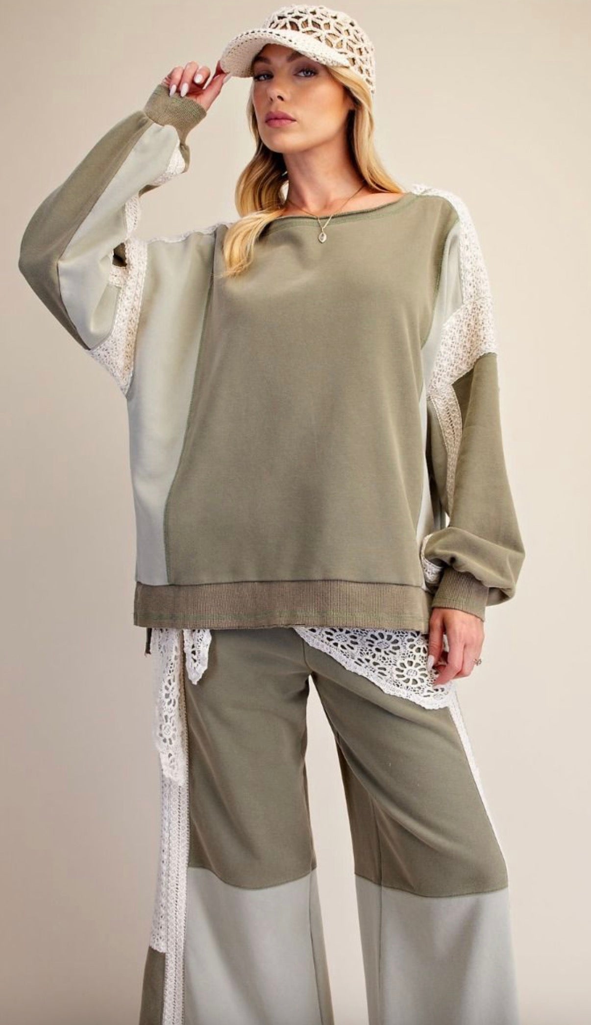 EASEL ET72095 FADED OLIVE CROCHET MIX TERRY KNIT TOP