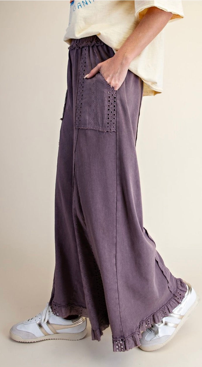 Easel EB58144 EGGPLANT LACE MIX MINERAL WASHED TERRY WIDE PANTS
