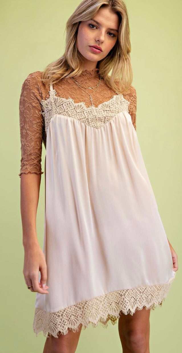 Easel SD300132 BEIGE LACE HEM CAMI SATIN SLIP DRESS