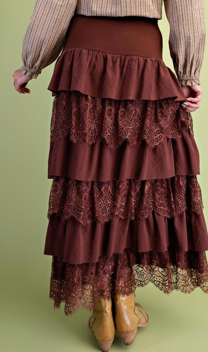 Easel SB400008 MOCHA LACE TIERED MAXI WOVEN SKIRT