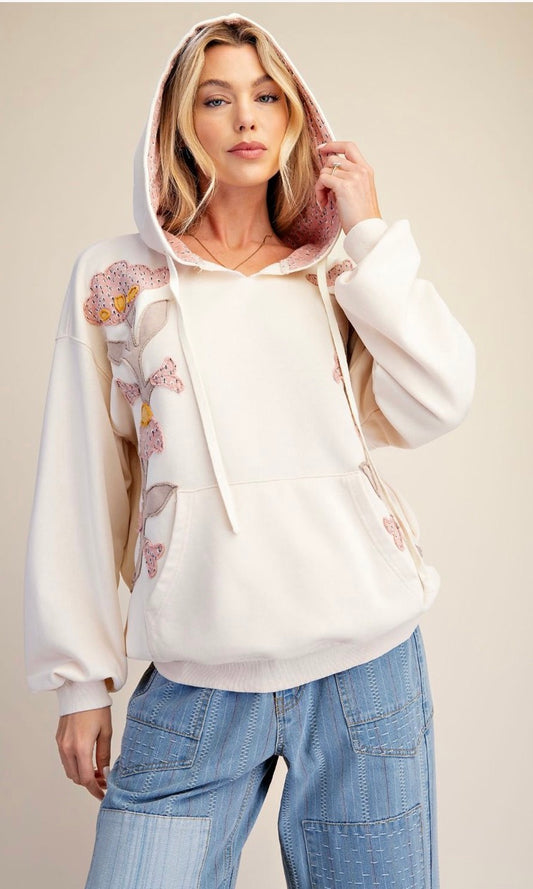 Easel ET30223 Ivory FLORAL PATCH WASHED TERRY HOODED PULLOVER