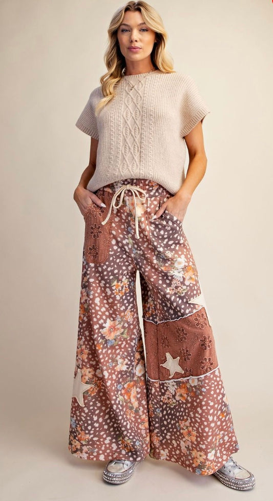 Easel EB58345 BAMBI DEER PRINT FLORAL WASHED TERRY KNIT PANTS