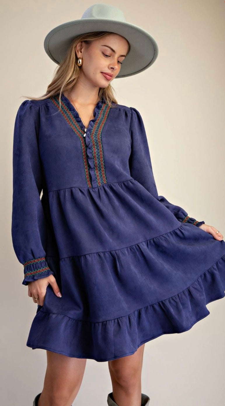 EASEL ED30170X BLUEBERRY TIERED FAUX SUEDE DRESS