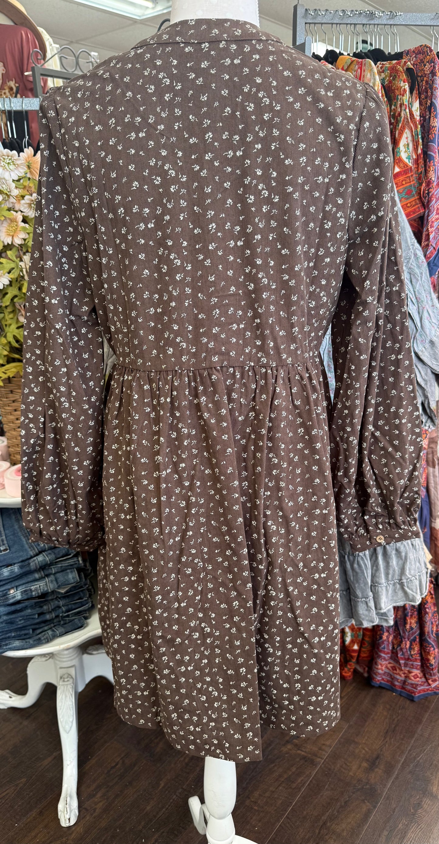 Vine & Love VD83495 Brown Floral Print Corduroy Dress