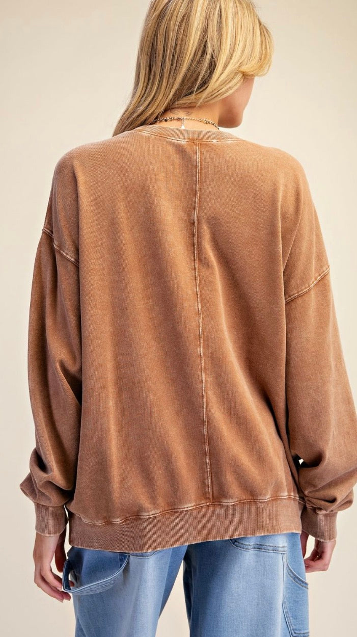 Easel ET30426 MOCHA GRAPHIC FRONT WASHED TERRY PULLOVER